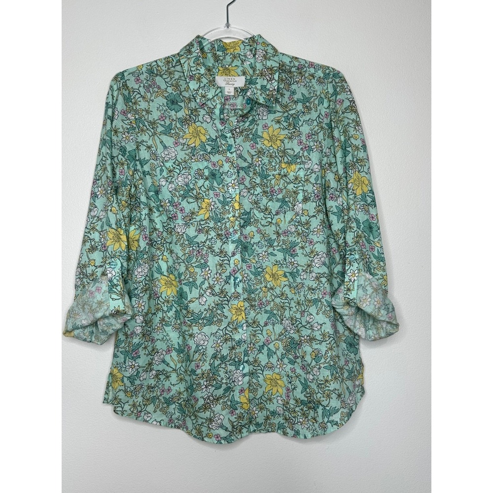 Charter Club Luxury Linen Button up Shirt Sz S Floral Mint Green Roll Tab Sleeve